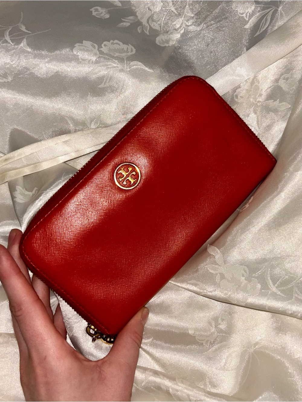 Tory Burch Red Saffiano Zip-Around Wallet with Gold Logo